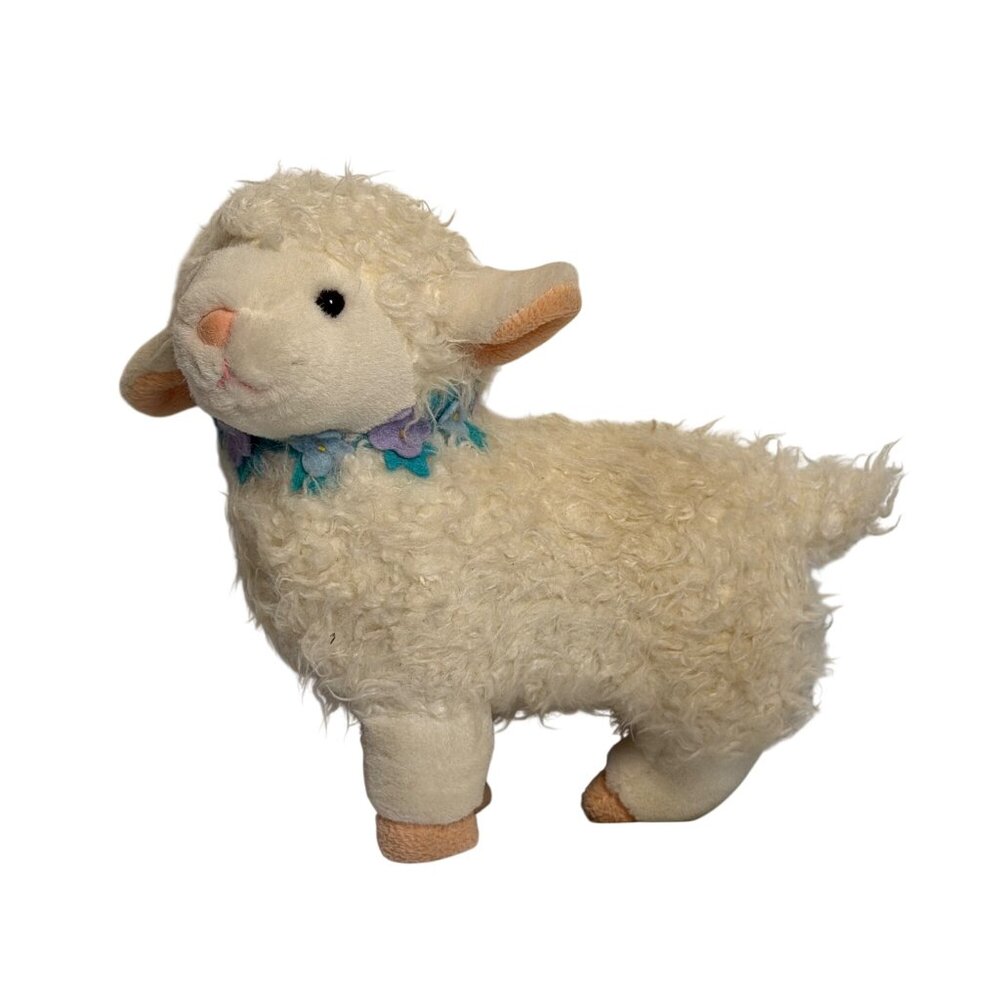 VTG Applause Stuffed Plush Lamb Floral Collar 8" Cream Wool-Texture Soft Toy